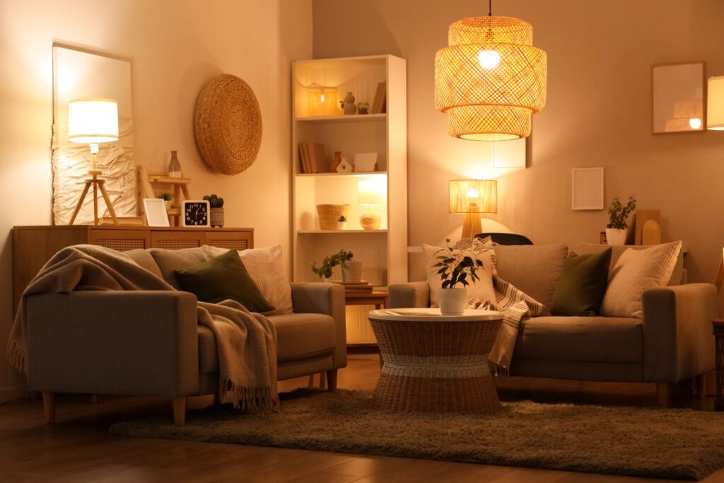 Wohnzimmer mit warmem Lichtkonzept und LED e27 Lampen für mehr Wohnkomfort und Wohlbefinden