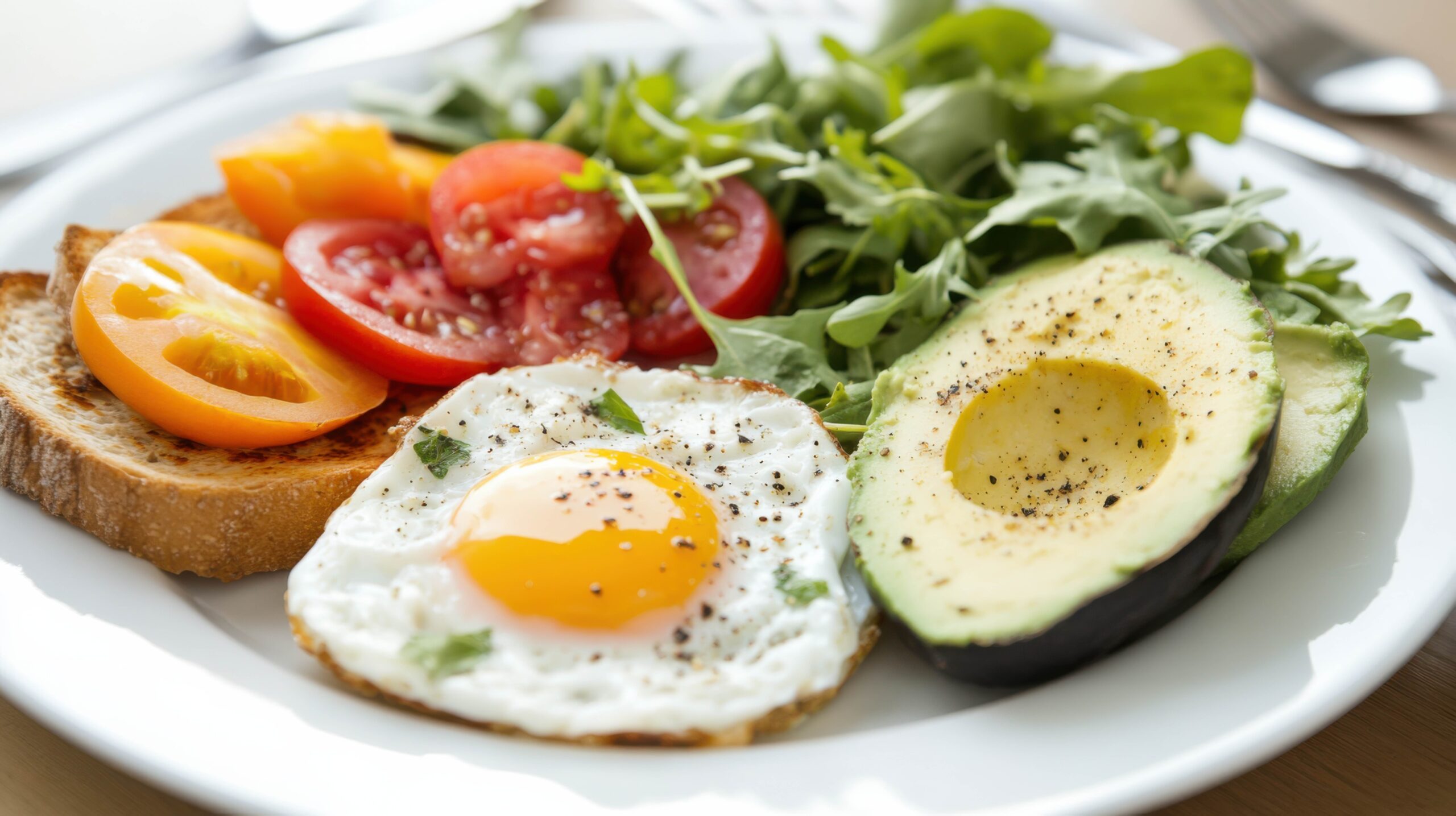 Ein Clean-Eating-Frühstücksteller mit Eiern und Avocado