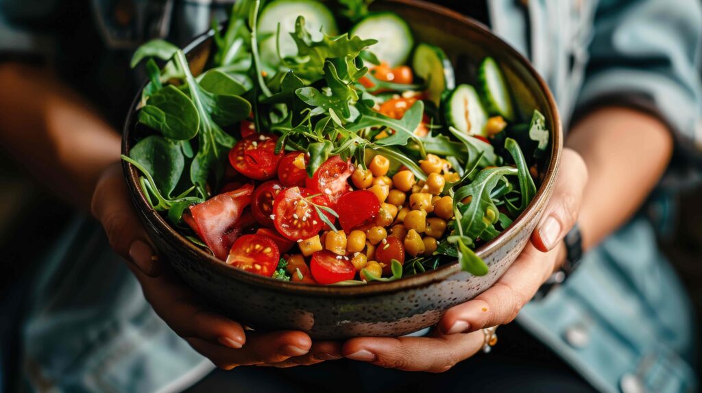 Person hält Schüssel mit frischem Salat mit Gemüse, Tomaten und Kichererbsen
