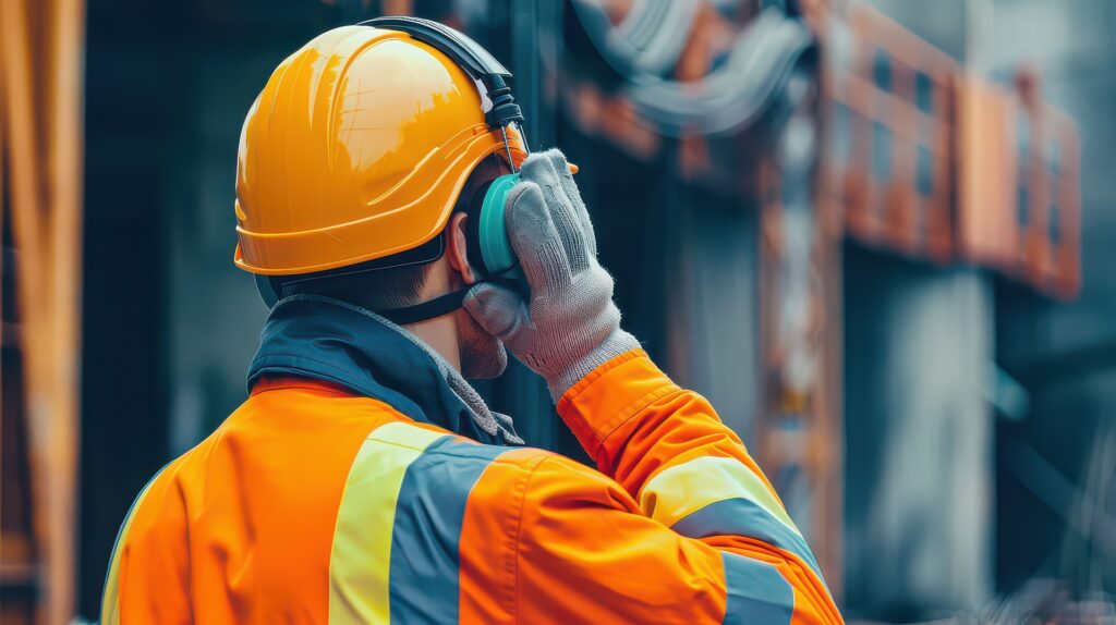 Industriearbeiter traegt Schutzhelm und Gehoerschutz in Produktionsumgebung | Industriesauger