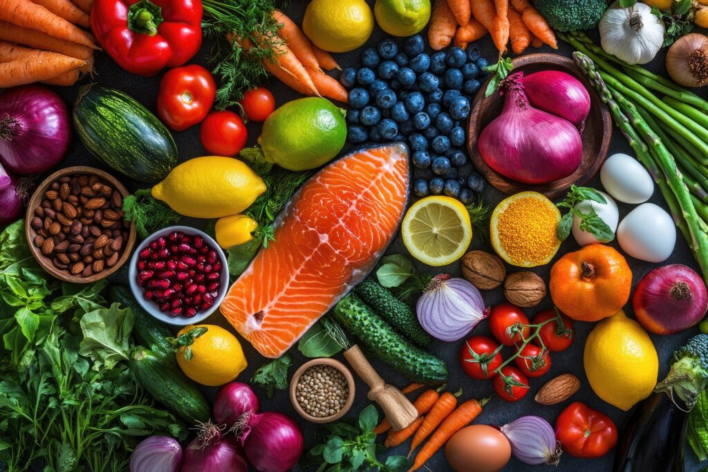 Frischer Lachs mit Obst und Gemuese | Nahrungsergaenzungsmittel